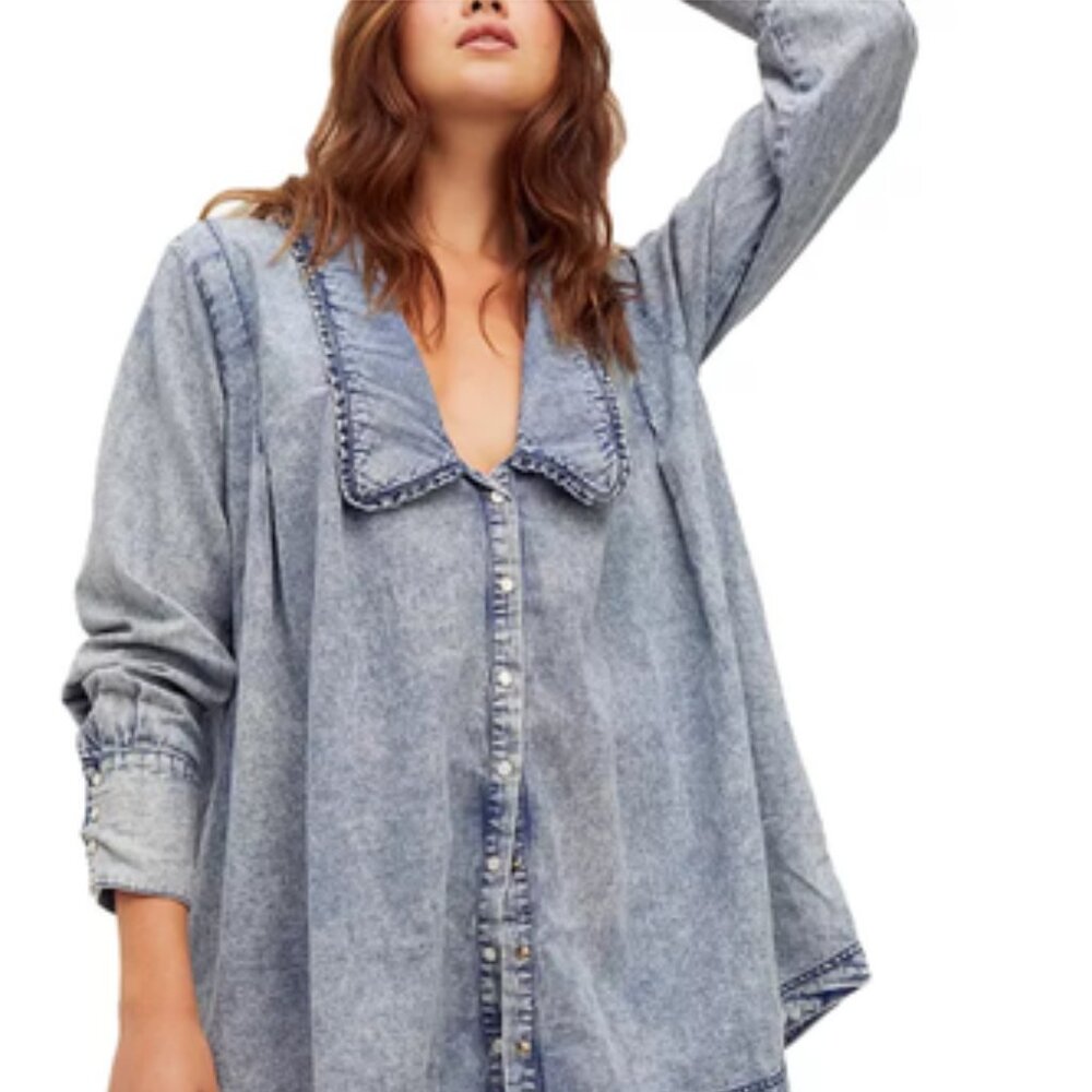 Free People Ruffle Collar Denim Blouse – Size S